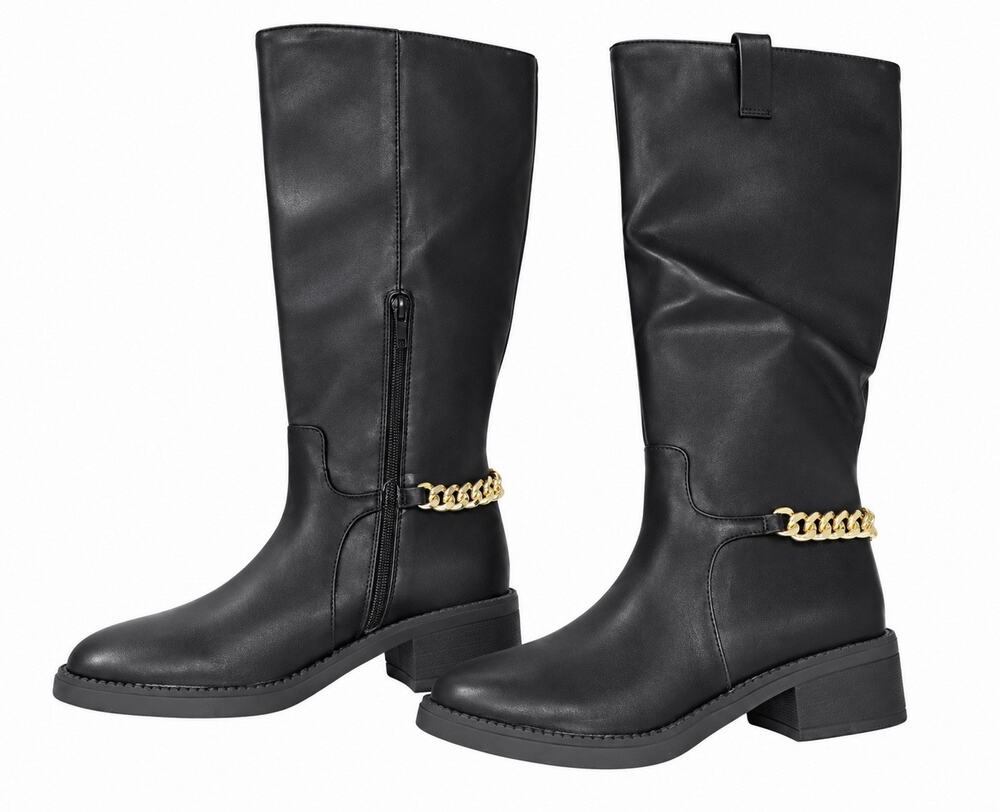 A New Day Women’s Knee High Boots Black Gold Chain Block Heel Size 8.5 NWT
